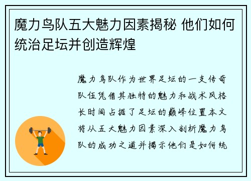 魔力鸟队五大魅力因素揭秘 他们如何统治足坛并创造辉煌 魔力鸟队五大魅力因素揭秘 他们如何统治足坛并创造辉煌